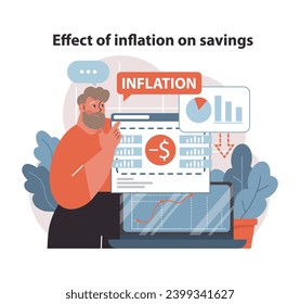 Inflation Impact concept. Concerned man examines the diminishing value of savings due to inflation using finance charts on a computer. Preserving purchasing power. Flat vector illustration.
