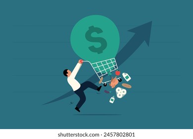 Inflation Impact, Man Pushing Cart with Prices Rising. Vector Business Illustration