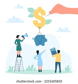 Inflation impact on financial savings, investment crash vector illustration. Cartoon hand pushing needle to pop balloon of dollar shape, piggy bank with tiny investors money flying on bubble