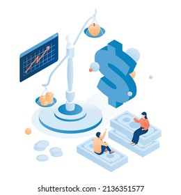 Inflation. Increase in consumer prices, loss of purchasing power, fall of money value, vector isometric illustration.