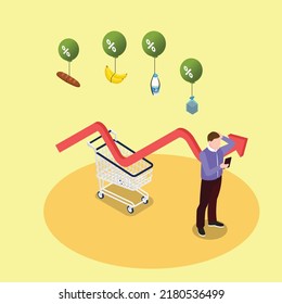 Inflation - Increase in food prices isometric 3d vector illustration concept for banner, website, illustration, landing page, flyer, etc.