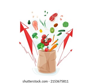 Inflación, aumentar la ilustración del vector de precios. Crecimiento del concepto de cesta de mercado o índice de precios al consumidor. Bolsa de papel con comida voladora y flechas de cultivo rojas aisladas sobre fondo blanco.