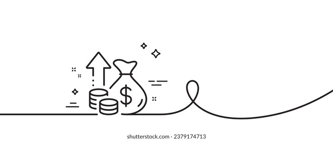 Icono de línea de inflación. Una línea continua con curl. Signo de crecimiento o aumento de precios. Cambiar el símbolo del dinero. Banda de contorno único de la inflación. Patrón de curva de bucle. Vector