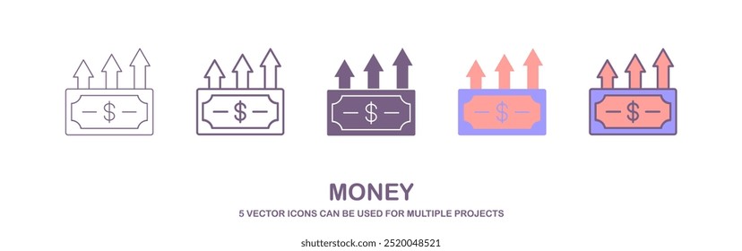 Inflation line icon. Continuous one line with curl. Money tax rate sign. Financial interest symbol. Inflation single outline ribbon. Loop curve pattern. Vector, a set of icons with 5 different styles