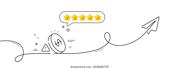Inflation line icon. Continuous line with share plane. Rising prices sign. Currency warning symbol. Five star rate review in speech bubble. Inflation single line ribbon. Loop curve pattern. Vector