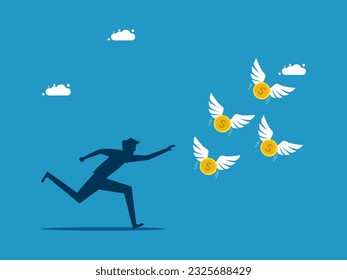 Inflation. man chasing runaway coins 