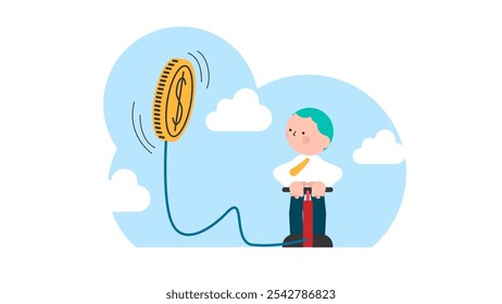 Inflation money and financial concept, businessman blowing a balloon in the shape of a gold coin by air pump