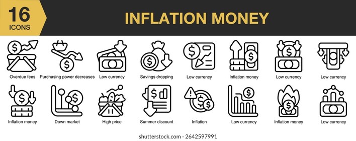 Inflation Money icon set. Includes inflation, money, economy, currency, cash, and More. Outline icons vector collection.