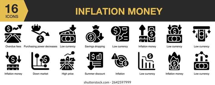 Inflation Money solid icon set. Includes inflation, money, economy, currency, cash, and More. Solid icons vector collection.