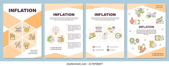 Inflation orange brochure template. Currency value. Leaflet design with linear icons. Editable 4 vector layouts for presentation, annual reports. Arial-Black, Myriad Pro-Regular fonts used