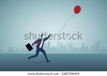 Inflation, out of control, missing opportunity, chasing target concept.Businessman running after red balloon that flying away.