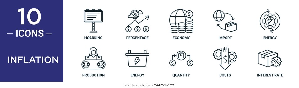 conjunto de iconos de esquema de inflación incluye acumulación de línea fina, porcentaje, economía, importación, energía, producción, iconos de energía para informe, presentación, diagrama, Diseño web