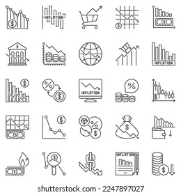 Inflation outline icons set - Hyperinflation and Financial Crisis concept linear vector symbols or design elements