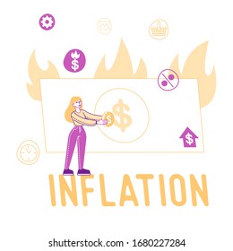 Inflation, Price Rising and Stock Market Recession Concept. Female Character with Gold Coin in Hands Stand at Huge Burning Paper Money Bill. Economics Crisis, Lost Profit. Linear Vector Illustration