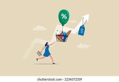 Inflation, Price rising up. Inflation financial crisis concept. Woman consumer  catching product flying away. illustration