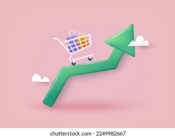 Inflación, aumento de precios. El aumento de los precios de los productos. juego de comestibles, pila de monedas y flecha arriba. Concepto de crisis financiera inflacionaria. Ilustraciones de vectores Web 3D.