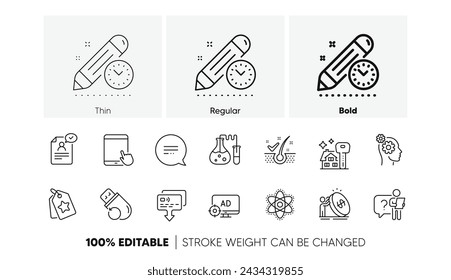 Iconos de línea de memoria Flash, fecha límite del proyecto e inflación. Paquete de tarjeta, Tablet PC, icono de laboratorio de química. Copos anticaspa, etiquetas de lealtad, pictograma de pensamientos. Mensaje de texto, Comprando casa. Vector