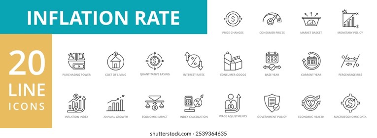 Conjunto de iconos de tasa de inflación. Contener los cambios en los Precios, los Precios de consumo, la canasta de mercado, la política monetaria, el poder adquisitivo, el costo de vida, la flexibilización cuantitativa, las tasas de interés, los bienes de consumo, el aumento porcentual