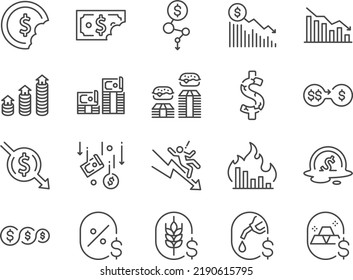 Inflation rate icon set. Included the icons as recession, economic, financial crisis, money, and more.