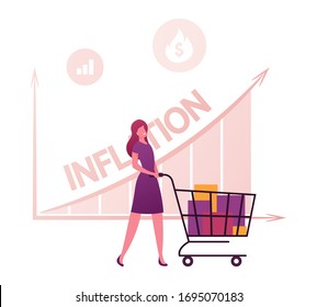 Inflation, Recession and Depreciation Concept. Female Customer Character with Shopping Trolley Looking at Rising Price Arrow Chart. Financial Crisis, Corporate Sale Drop. Cartoon Vector Illustration