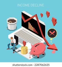 Inflation recession financial economic crisis downfall isometric composition with laptop drop piggy bank and sad clerk vector illustration