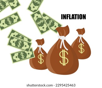 Inflation Reduce Value of Money over time, High Cost of Living due to increase in Houses price concept. Sack of money, wads of banknotes and House. Vector illustration