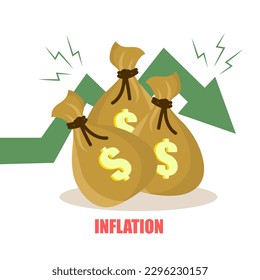 Inflation Reduce Value of Money over time, High Cost of Living due to increase in Houses price concept. Sack of money, arrow and thunder sign. Vector illustration