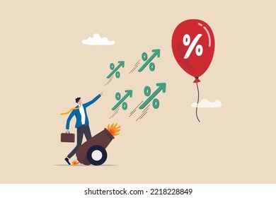 Inflation reduction act by FED, Federal Reserve and central bank to raise interest rate, monetary policy to control inflation, businessman banker shooting interest rate cannon at inflation balloon.