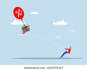  inflation reflects ,Businessmen trying to catch the shopping cart full of food flying  into the sky by inflation balloon. higher prices of goods vector illustrator