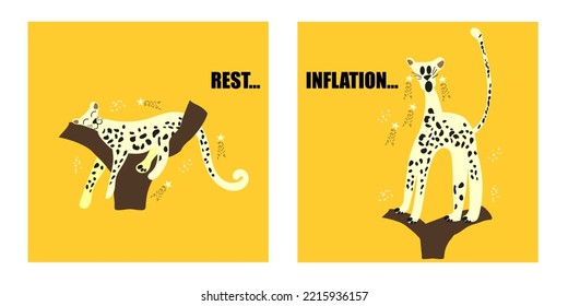 Inflation. Relaxing cheetah is lying down on the tree isolated on yellow background on one Picture. Vector illustration.