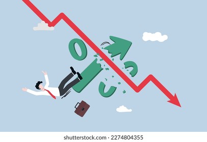 Inflation remains high while interest rates hike, economic recession, hyperinflation concept, Businessman falling from broken percentage sign rocket after colliding with downtrend graph.