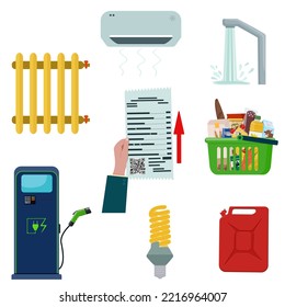 Inflation, rising food and energy prices.  Financial crisis.  Increase in fees for services. Vector illustration.