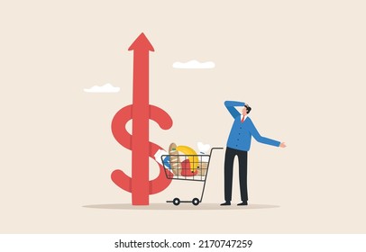 Inflation And Rising Food Prices. Business And Economic Stability With Federal Financial Problems. Crisis Risk. A Young Man Or Businessman Looks At The Rising Inflation.