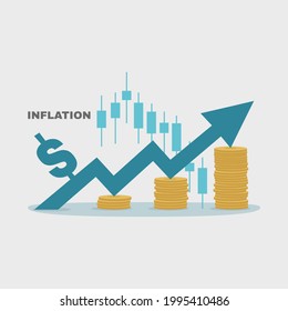 Inflation is rising and risks for stock market investors. Interest rate impact for the stock investment. Financial economic control concept. Arrow with coins and the candlestick indicator.