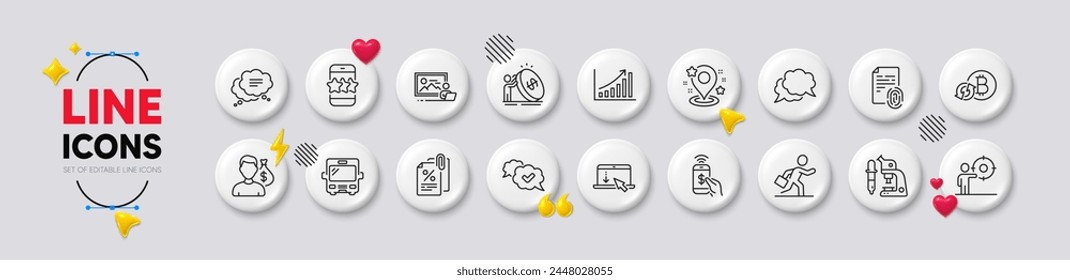 Inflation, Salary and Bus line icons. White buttons 3d icons. Pack of Phone payment, Pin, Scroll down icon. Businessman run, Chat message, Microscope pictogram. Text message, Graph chart, Star. Vector