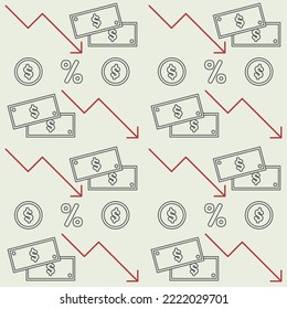 Inflation seamless doodle pattern design, financial crisis repeat background template, high bills icons, money economy vector, increasing supply prices repetitive illustration, surface wallpaper