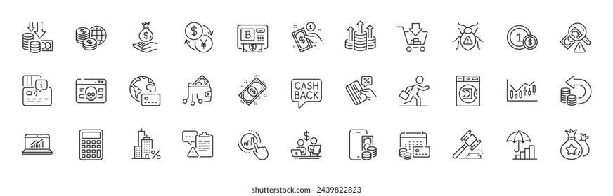 Inflation, Shopping and Income money line icons. Pack of Fraud, Loyalty points, Graph chart icon. Bitcoin atm, Phone pay, Deflation pictogram. Online statistics, Cyber attack, Launder money. Vector