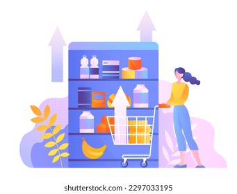 Inflation in store. Woman with basket chooses goods in grocery store, supermarket and evaluates price increase. Fall in real incomes and savings of population, budget. Cartoon flat vector illustration