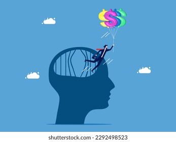 Inflation trap. Businessman escapes from brain prison with money balloon