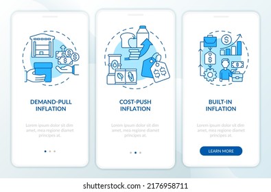 Inflation types blue onboarding mobile app screen. Increasing prices walkthrough 3 steps editable graphic instructions with linear concepts. UI, UX, GUI template. Myriad Pro-Bold, Regular fonts used