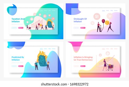 Inflation, Unstable Nominal Worth Landing Page Template Set. Finance Market Crisis in Percentage Rate. Tiny Characters Money Value Recession, Price Increase Process. Cartoon People Vector Illustration