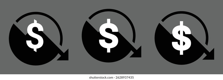Inflation vector icon with dollar sign, Expense reduction symbol with dollar and down arrow