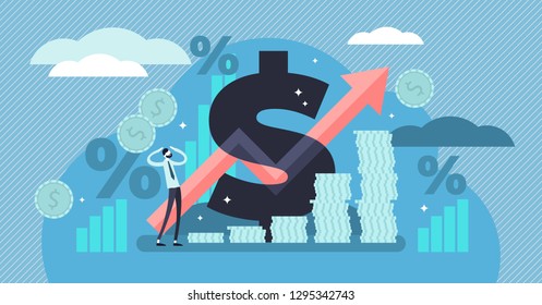 Inflation vector illustration. Flat tiny person concept with basic economy term. Money value recession and price increase process. Finance market risk crisis in percentage rate. Unstable nominal worth