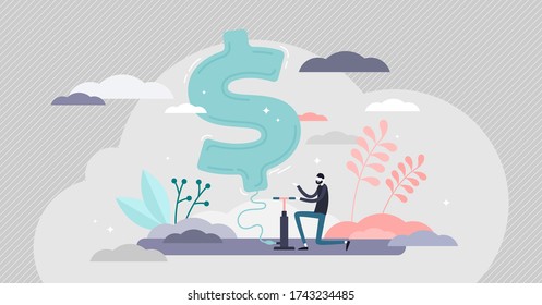 Inflation vector illustration. Money value growth flat tiny person concept. Economical process with dollar banking crisis and unstable cash worth. Expensive prices for goods and services visualization