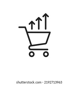 Inflation vector line icon. Food prices rising clipart. Cost of living concept. Shopping cart and rising arrow vector illustration.