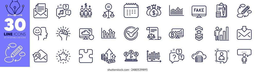 Video Palabra clave Inflación, Correo entrante, Contabilidad, Icono de Web de documentos legales. Correspondencia postal, Consultoría, Pictograma estrella. Calendario. Vector