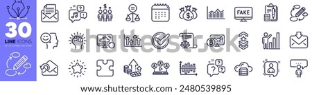 Inflation, Video conference and Keywords line icons pack. Incoming mail, Accounting, Legal documents web icon. Mail correspondence, Consulting business, Star pictogram. Calendar. Vector