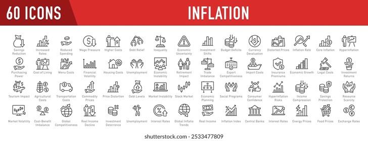 Ícones da Web de inflação no estilo de linha. Crise, econômica, desemprego, hiperinflação, taxa de inflação, escassez, aumento de preço, dinheiro, investimento, depreciação, energia, transporte, coleta. Vetor
