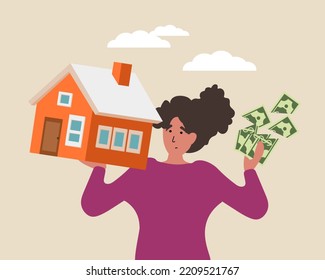 Inflation Woman holding House in one hand and Ripped Money in other one. Vector illustration for Web Banner, Infographics, Mobile