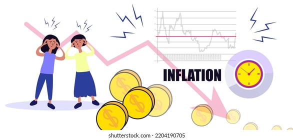Inflation, Women Scary of Inflation. Coins getting less, Arrow and Diagrams. Vector illustration for Web Banner, Infographics, Mobile